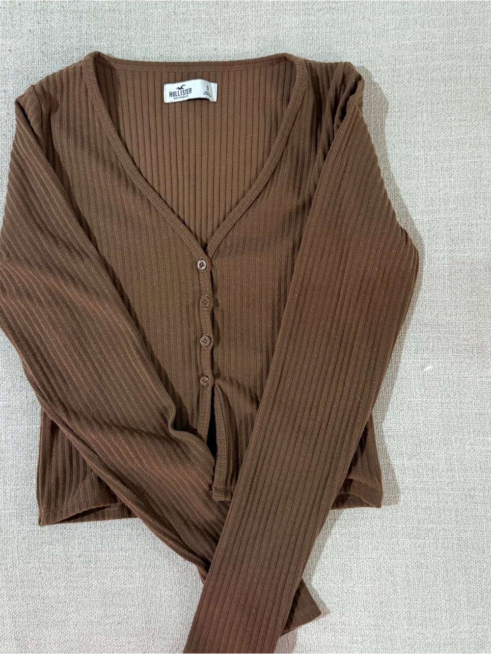 Hollister Ribbed Brown Button-Front Long Sleeve Top